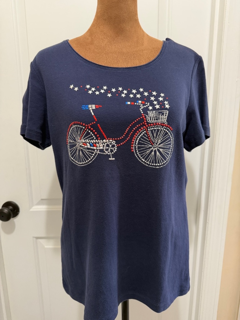 Karen Scott Americana Graphic Tee Navy with Rhinestone Bicycle Accent